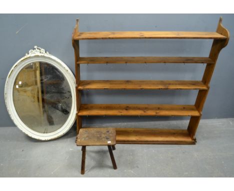 Pine wall shelf, white painted bevelled mirror and an elm milking stool