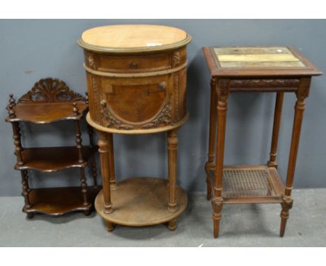 French style oval bedside cabinet with marble interior, carved two tier hall table and a three tiered shelf