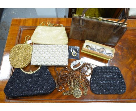 Group of vintage items including a mink stole, other furs, lizard skin handbag, evening bags and costume jewellery