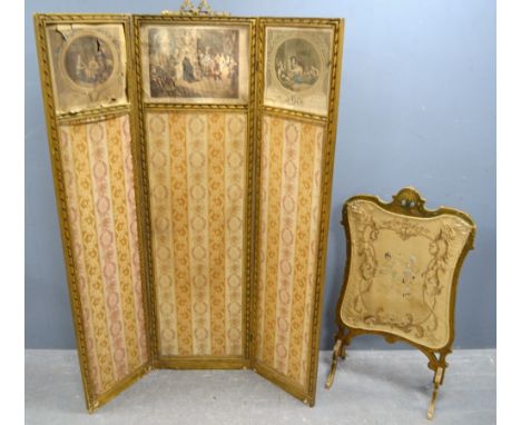 French gilt wood three fold screen and a similar fire screen
