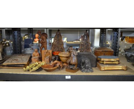 Various treen to include carved wall bracket with lions head, walnut tea caddy, pair of corner wall shelfs etc.