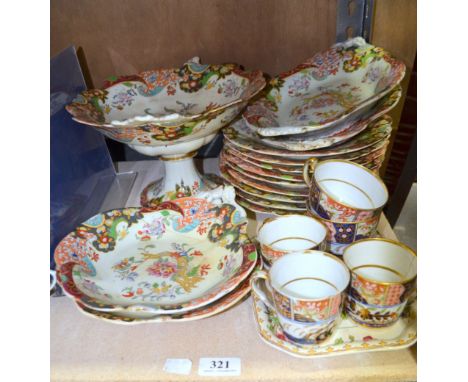 19th Century Masons Indian Tree pattern part dinner service, two Imari pattern tea cups and three coffee cans