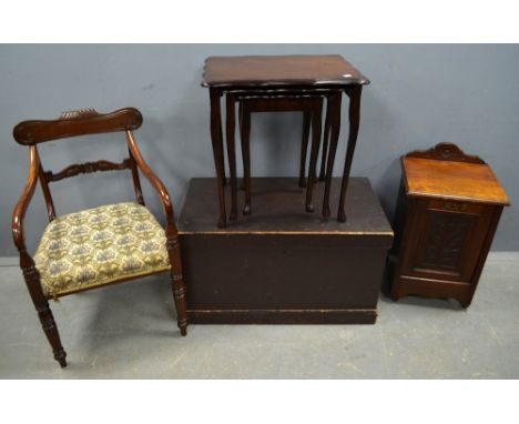 Stained wooden trunk, walnut purdonium, bar back armchair and nest of three tables