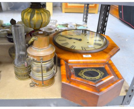 Ansonia mahogany cased drop dial wall clock, mast head lamp, oil lamp, chamber stick, and an Indian brass ewer.