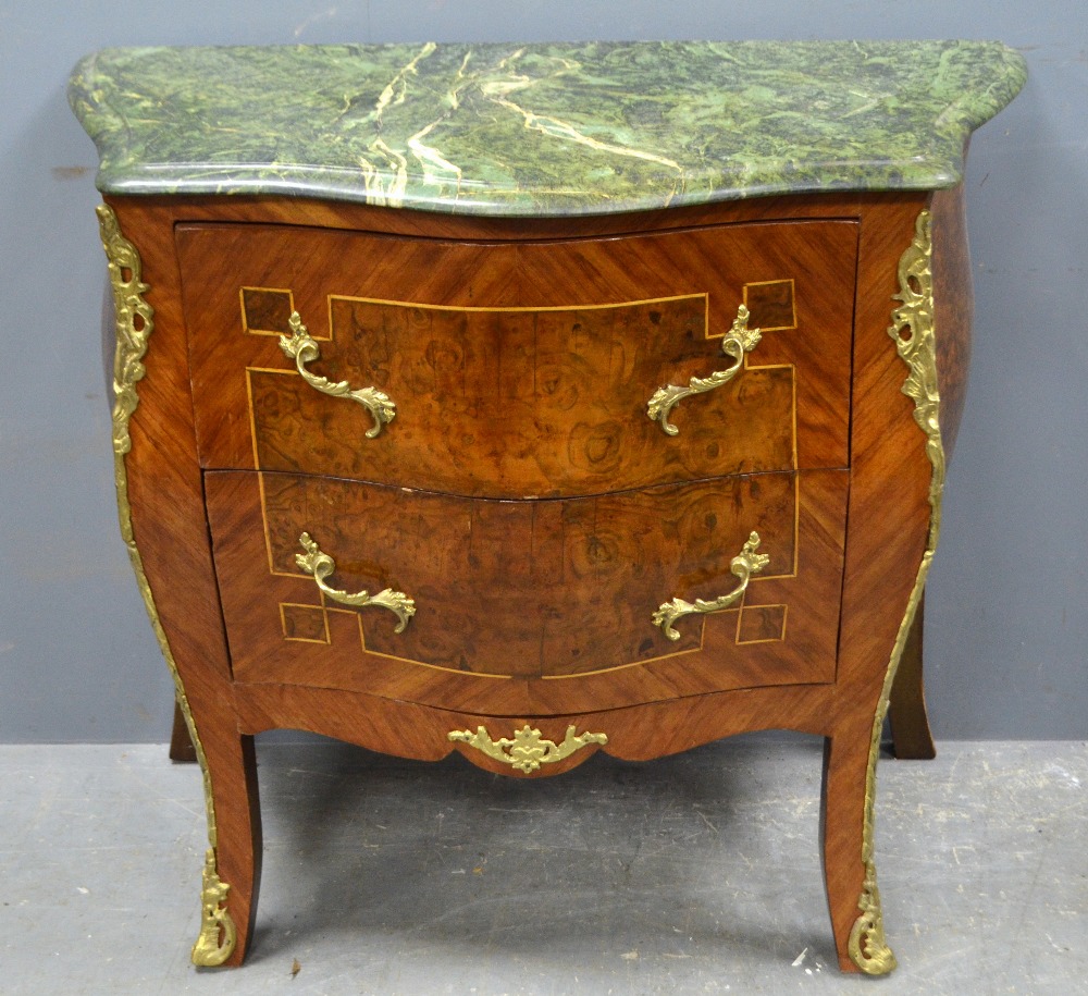 French Style Bombe Chest Of Two Drawers With Green Marble Top And