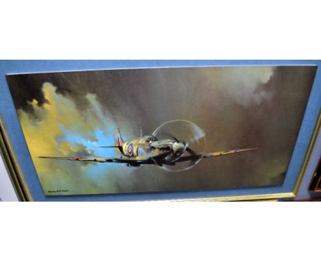 Two Battle of Britain prints, a Formula 1 print, framed set of cigarette cards and an oil painting.