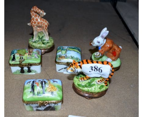 Two Staffordshire enamels,  Chelsea Bonbonnieres, No 129, Tiger and No 49 Giraffes. Limoges Dubarry, White Rabbit, and three 