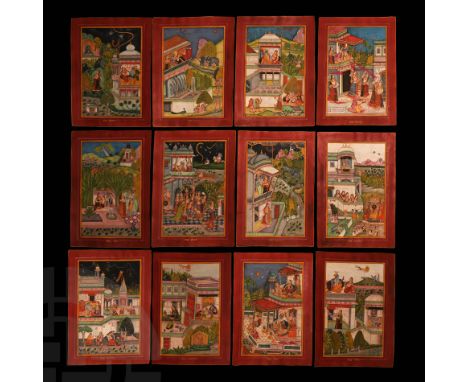 Late 19th-early 20th century AD. A group of twelve Rajasthan School(?) hand painted figural scenes of Barahmasa on paper, ill