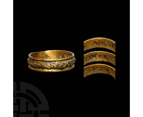 16th-18th century AD. A gold ring with D-section band, two slender c-section circumferential channels to top and bottom of ex