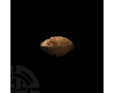 1st century BC. A biconical facetted lentoid-section lead slingshot (glans) inscribed with '[C] A [ES]' referencing Julius Ca