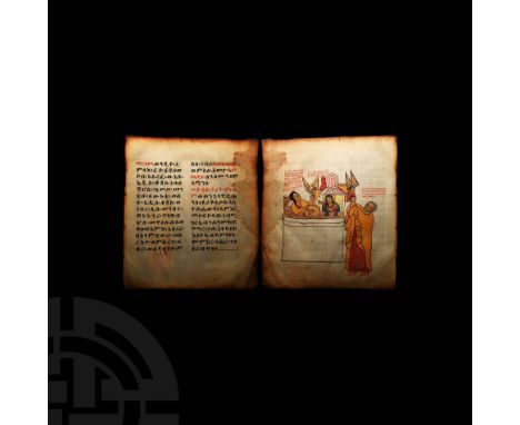 Mid 17th century AD. A vellum leaf from a manuscript concerned with the miracles of the Virgin: recto with two columns of Ge'