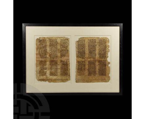 11th-12th century AD. A group of two framed vellum bible manuscript pages, each with three columns of Hebrew text and three l