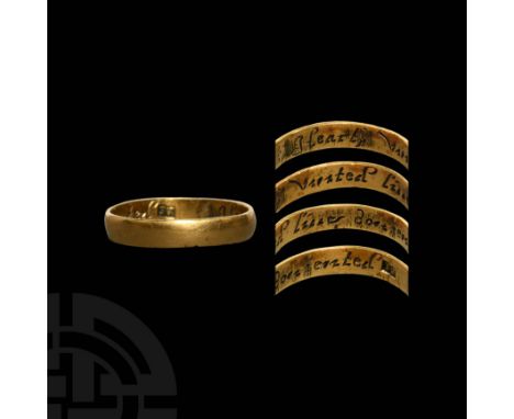 18th century AD. A gold D-section annular band with plain external face, the interior inscribed: 'Hearts united live contente