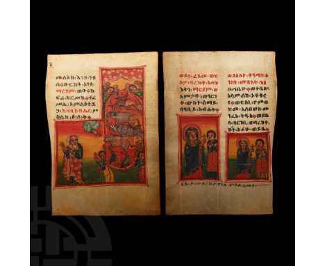 Gondar, 18th century AD. A vellum manuscript leaf page with four columns of Ge'ez text and three polychrome images relaying t