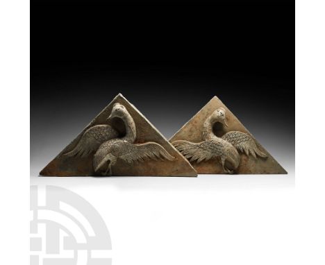 Song Dynasty, 960-1127 AD. A matched pair of triangular architectural tiles, each with a fenghuang modelled in the half-round