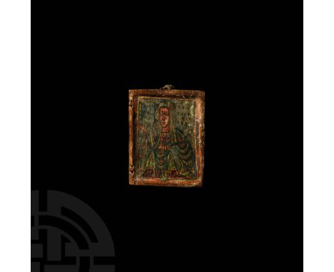 Late 16th century AD. A painted wooden panel from a diptych with gesso field, raised edges, recessed figural panel showing th