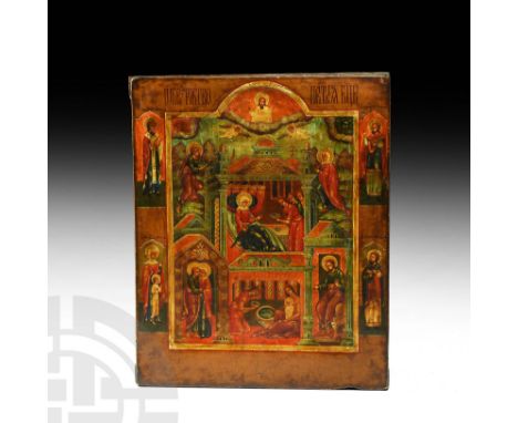 20th century AD. A rectangular wooden icon with shallow recess to the centre, painted scenes on a gilded field showing scenes