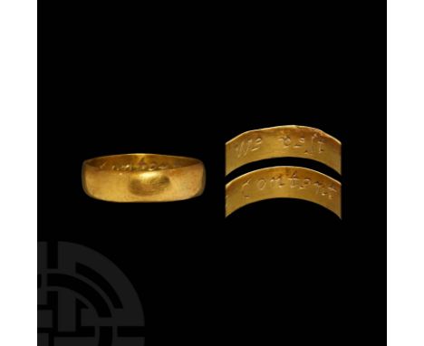 18th century AD. A gold D-section annular band with plain exterior, inscription to internal face: 'We rest Content' in cursiv