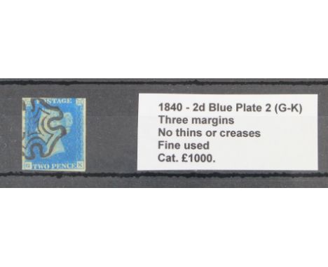 GB - 1840 2d Blue Plate 2 (G-K).  Three margins, no thins or creases. Fine used, cat £1000