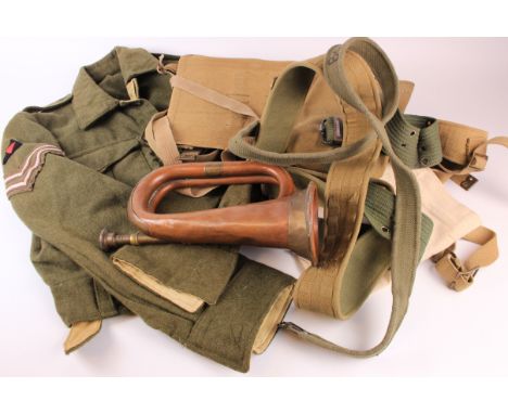 WW2 military equipment including battle dress blouse, webbing, belts, stapes, map case,  etc.   