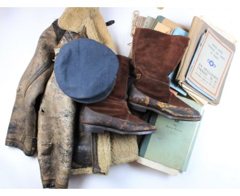 RAF WW2 interesting selection of Pilots booklets manuals note books maps with leather flying jacket 1942 Pattern flying boots