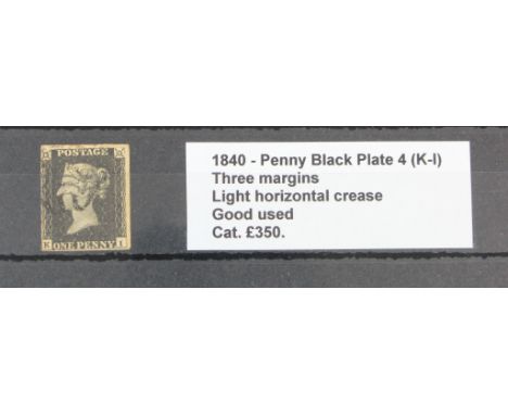 GB - 1840 Penny Black Plate 4 (K-I).  Three margins, light horizontal crease.  Good used, cat £350