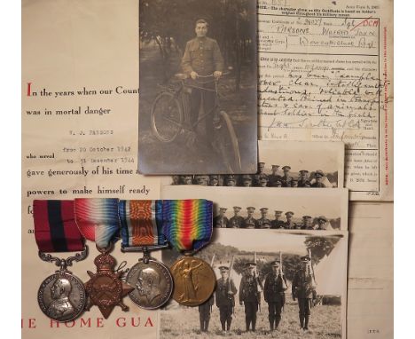 DCM group mounted as worn - DCM (38027 Cpl W J Parsons 9/Worc R), 1915 Star Trio (9570 Pte W J Parsons R.Suss R) (Sjt on Pair