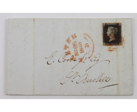 GB - 1840 Penny Black Plate 8 (T-K) on entire Exeter to St Austell, Nov 25 1840, four margins, filing fold through adhesive, 