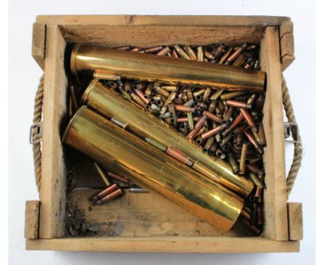 WW2 grenade box stencilled on the top 25 GRENADES HAND INT FRAG MK II containing  various brass shell cases and cartridge cas