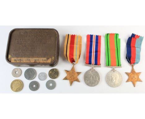 WW2 medals - 1939-45 Star, Africa Star, Defence & War Medals, a few WW2 era coins and a 1942 Bovril Tin  (qty)