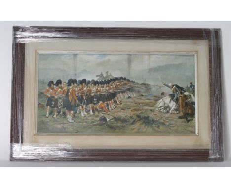 Framed Victorian print, the "Thin Red Line" shows the 93rd Sutherland Highlanders standing firm at Balaklava 25th October 185