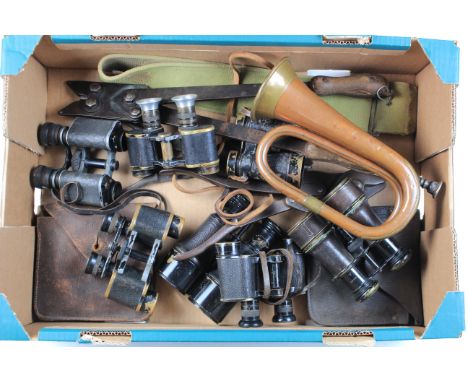 WW1 military equipment including 08 belt field saws in leather cases wire cutters, seven pairs of binoculars Sam brown entren