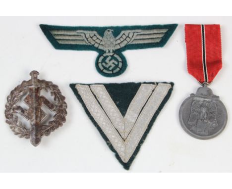 German WW2 Russian Front Medal, SA Sports Badge and two cloth badges  (4)