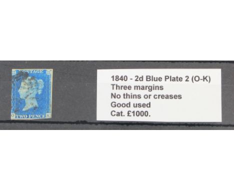 GB - 1840 2d Blue Plate 2 (O-K).  Three margins, no thins or creases.  Good used, cat £1000