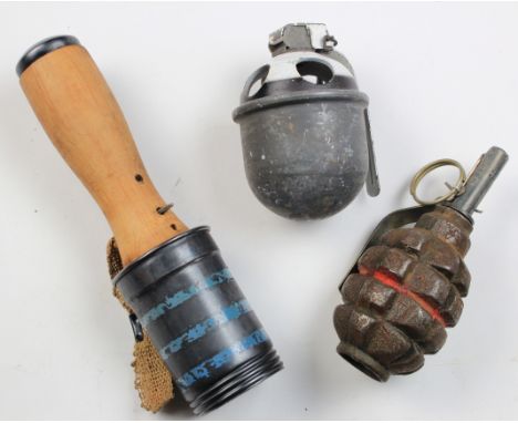 Grenades Hungarian WW2 stick grenade with Russian pineapple grenade and Norwegian smoke grenade 