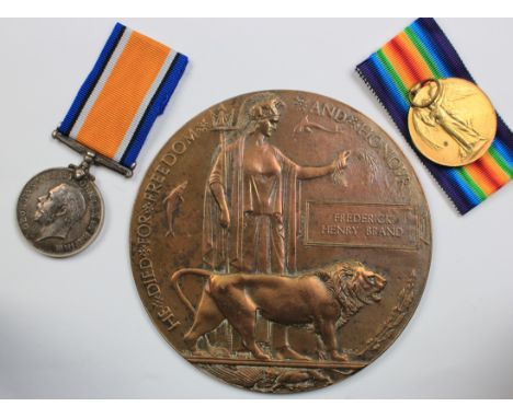 BWM & Victory medals with memorial plaque to 492158 Pte Frederick Henry Brand 1st/13th Kensington BN London Reg K in A 9-4-17