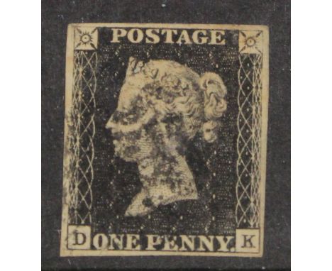 GB 1840 1d Penny Black (D-K) identified as likely Plate 4, just 4 margins, no tears thins or creases, black MX
