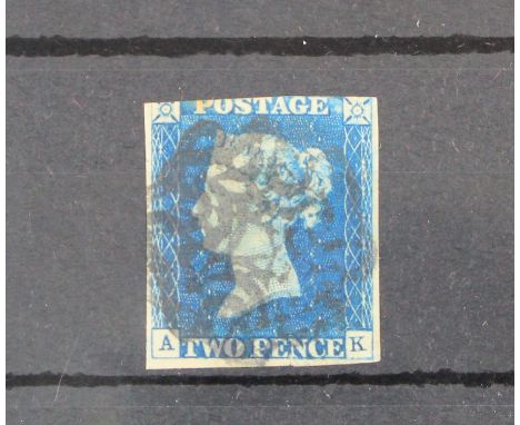 GB - 1840 2d blue (A-K) with three margins, fine used with faint double Maltese Cross. Plate 1, very tiny tear to base under 