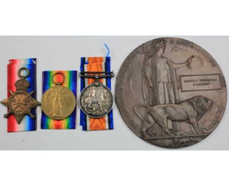 1915 Trio & Memorial plaque scroll medal condolence letters grave registration letter family wills etc., to 7418 L/Cpl Harold