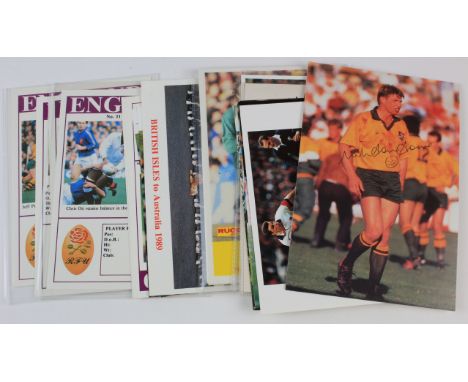 Rugby Union collection of postcards/advertising cards signed (13) includes Campese, Beaumont, Tuigamala, Farr-Jones, Moore.  