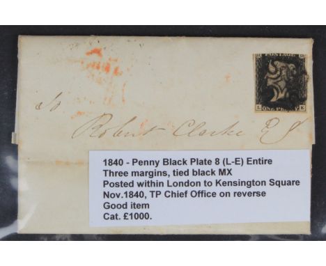 GB - 1840 Penny Black Plate 8 (L-E) entire, three margins, tied black MX, Posted within London to Kensington Square Nov 1840,