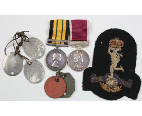 Group Africa General Service with Kenya bar and Army Long Service medals mounted for wearing to 21005076 Sgt R K Hopwood Roya
