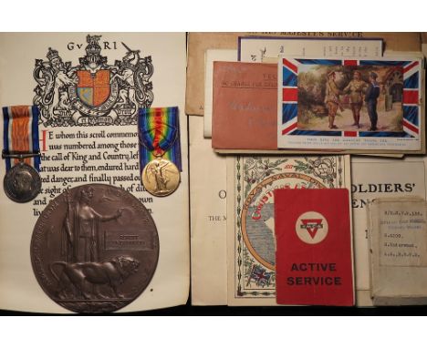 BWM & Victory Medal, Death Plaque, Casualty Scroll, box of issue, Certificate of Service, and much other original paperwork. 