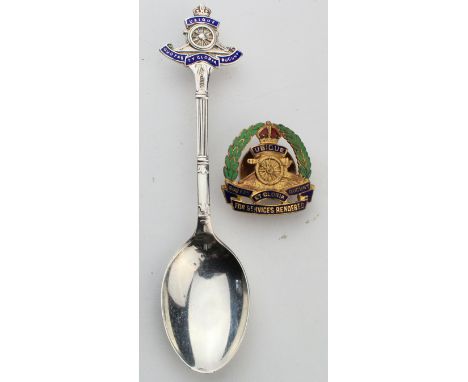 Royal Artillery silver spoon and a "For Services Rendered" brass & enamel badge 
