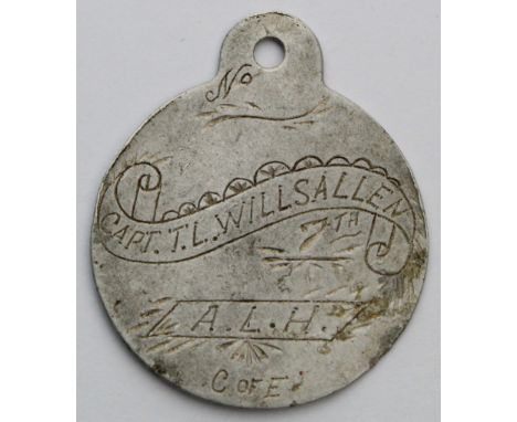 Major Thomas Leslie Willsallen DSO, 7th Australian Light Horse Regt. His hand engraved WW1 ID Tag as a Captain