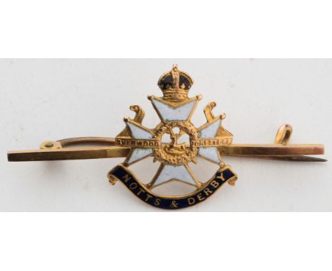 Notts. & Derby Regt. 9ct. gold & enamel sweetheart badge (base metal pin) marked TLM (worn) 9ct. 2.5gms. (ex Cliff Housley's 