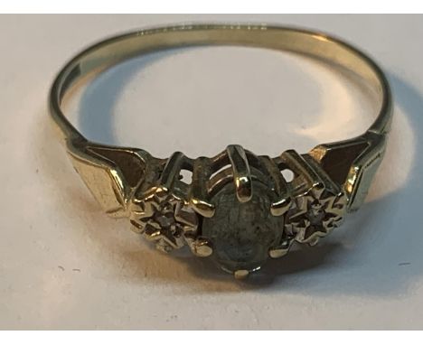 A 9 CARAT GOLD RING WITH A CENTRE AQUAMARINE AND A DIAMOND EACH SIDE SIZE 0/P 