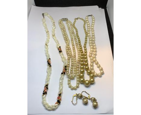 FOUR PEARL NECKLACES AND A PAIR OF PEARL EARRINGS 