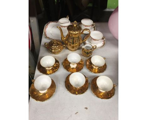 A BAVARIAN GOLD COLOURED COFFEE SET TO INCLUDE A COFFEE POT, CREAM JUG, SUGAR BOWL, SIX CUPS AND SAUCERS PLUS A BELL CHINA CA