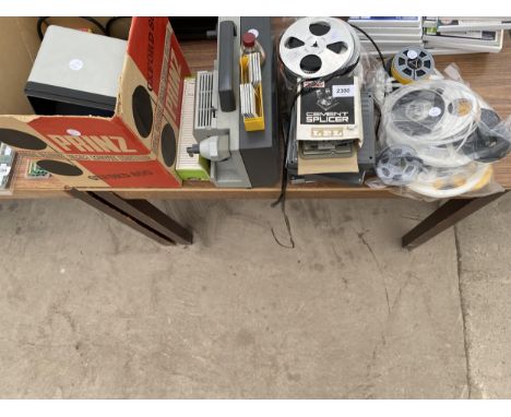 AN ASSORTMENT OF VINTAGE AND RETRO ITEMS TO INCLUDE A MOVIE EDITOR, A PROJECTOR AND REELS ETC 